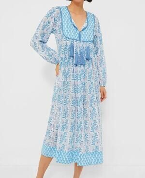 SZ Blockprints Tuckernuck Kitty Caftan Midi Cotton Blue Multi Block Print Dress